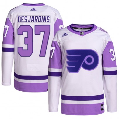 Men's Authentic Philadelphia Flyers Eric Desjardins Adidas Hockey Fights Cancer Primegreen Jersey - White/Purple