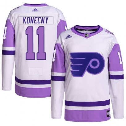 Men's Authentic Philadelphia Flyers Travis Konecny Adidas Hockey Fights Cancer Primegreen Jersey - White/Purple