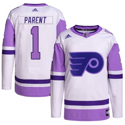 Men's Authentic Philadelphia Flyers Bernie Parent Adidas Hockey Fights Cancer Primegreen Jersey - White/Purple