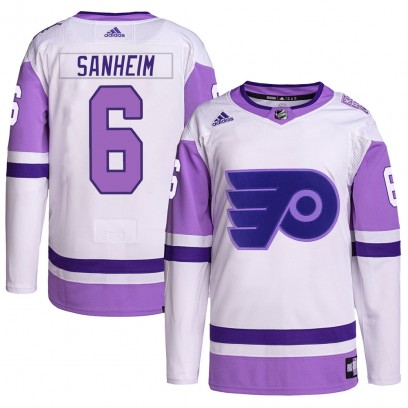 Men's Authentic Philadelphia Flyers Travis Sanheim Adidas Hockey Fights Cancer Primegreen Jersey - White/Purple